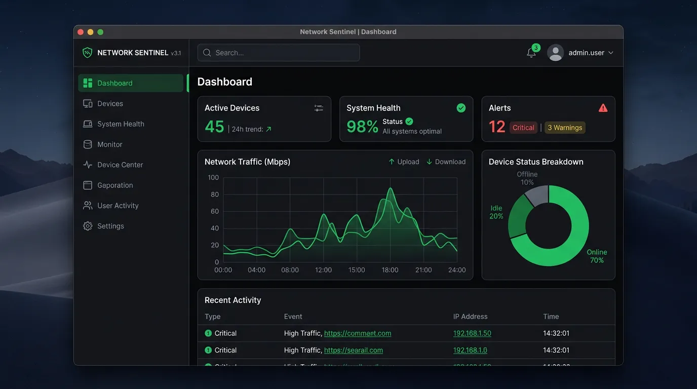 Network Sentinel dashboard showing active devices, 98% system health, 12 alerts, a network traffic graph, device status pie chart, and recent critical activity logs.