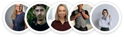 Five professional individuals standing and smiling in circular frames, representing diverse business team members.
