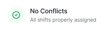 Green checkmark icon with text stating no conflicts and all shifts properly assigned.
