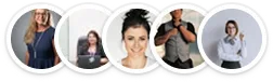Five circular portraits of diverse professionals arranged in a horizontal row with white borders.