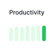 Productivity bar graph with eight vertical bars of increasing height, shaded from light green to dark green.