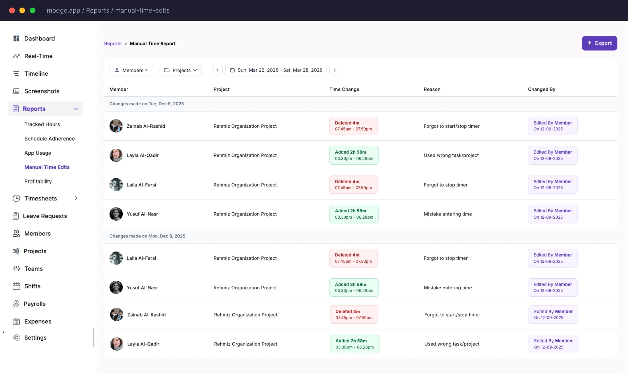 User interface of a manual time report listing members, projects, time changes, reasons for edits, and who made the changes, with options to filter by members, projects, and date, and a purple Export button.