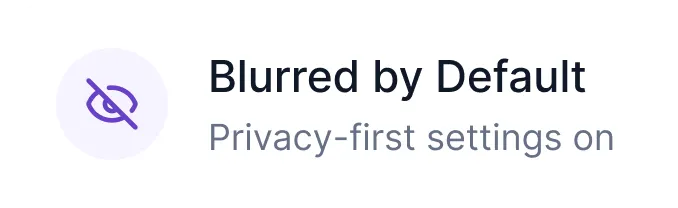 Purple eye with a slash icon next to text reading 'Blurred by Default' and 'Privacy-first settings on'.