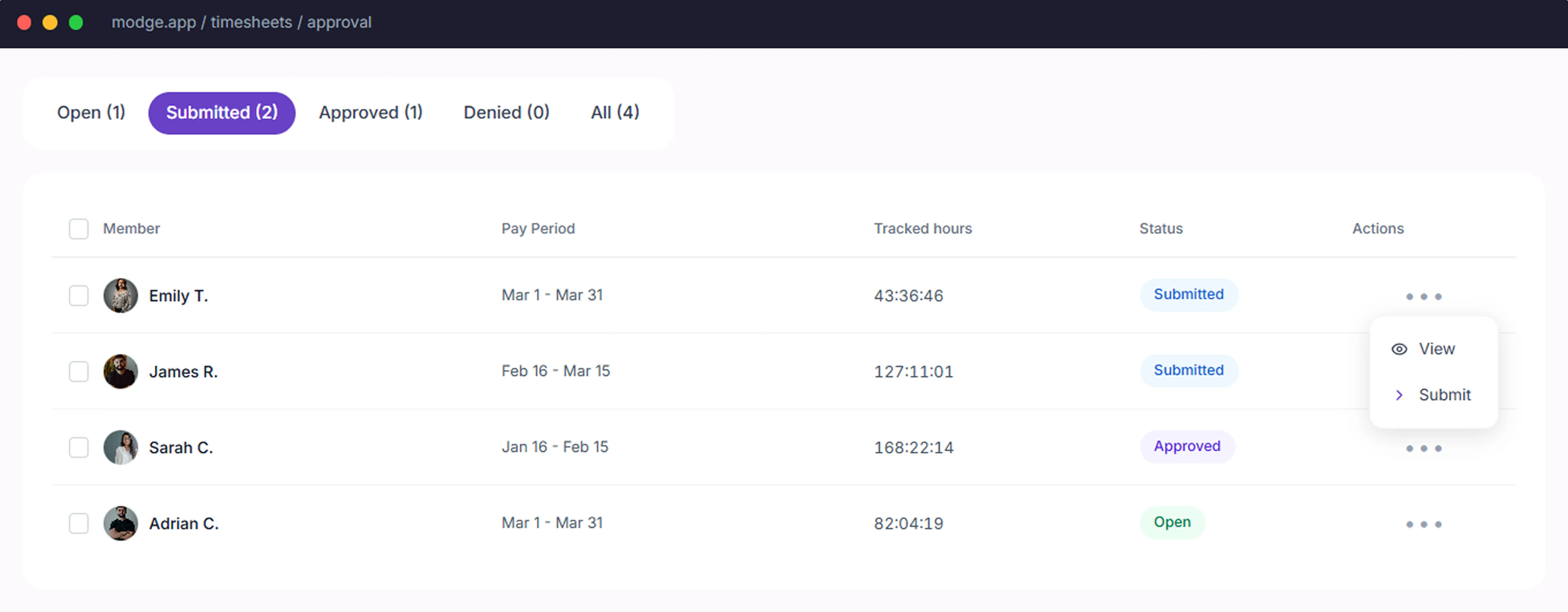 Timesheet approval interface showing four entries with member names, pay periods, tracked hours, and statuses: two submitted, one approved, and one open, with action options visible for one entry.