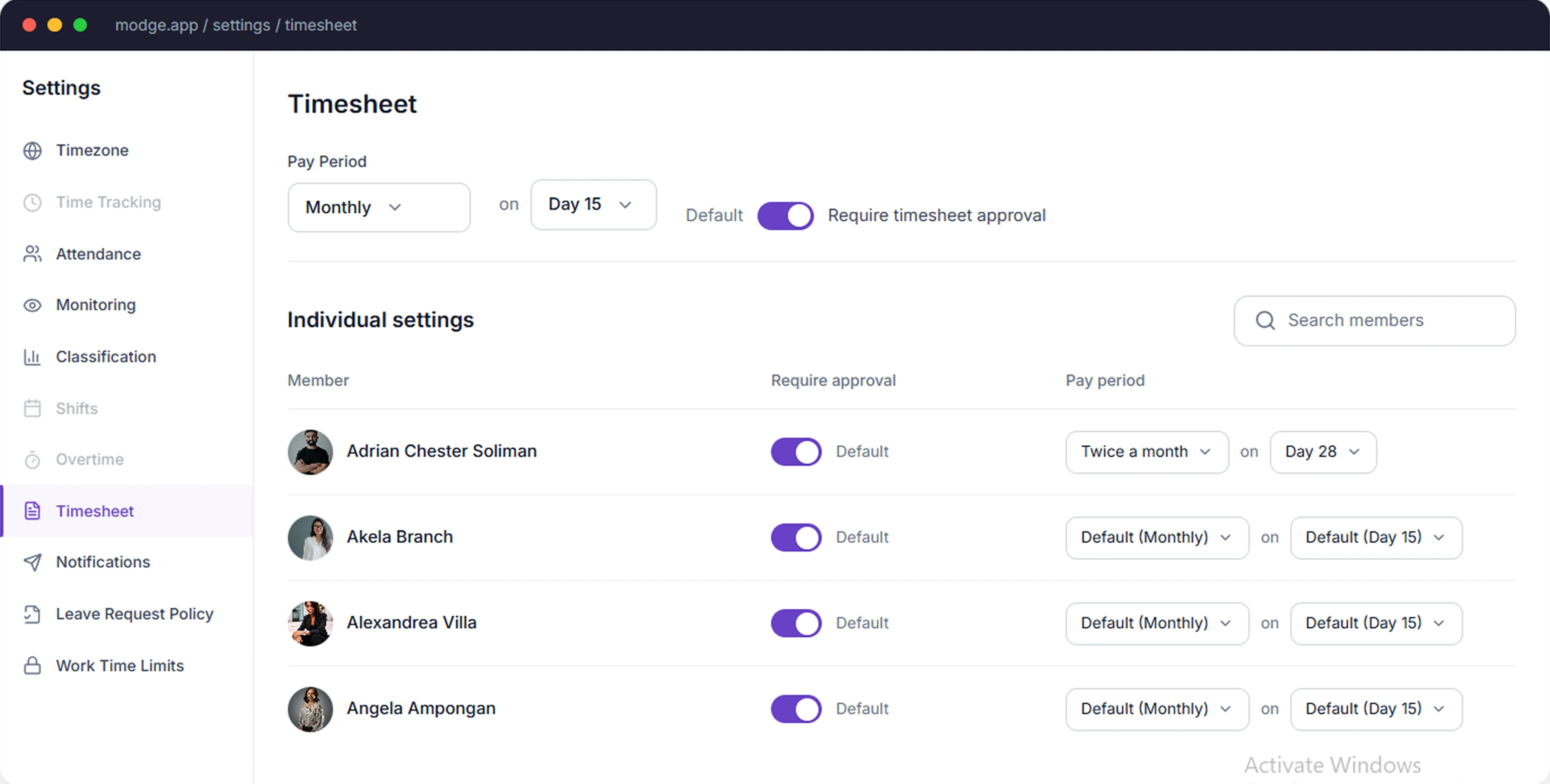 Timesheet settings page showing pay period options with toggles for requiring timesheet approval, and individual settings for members including Adrian Chester Soliman, Akela Branch, Alexandrea Villa, and Angela Ampongan.