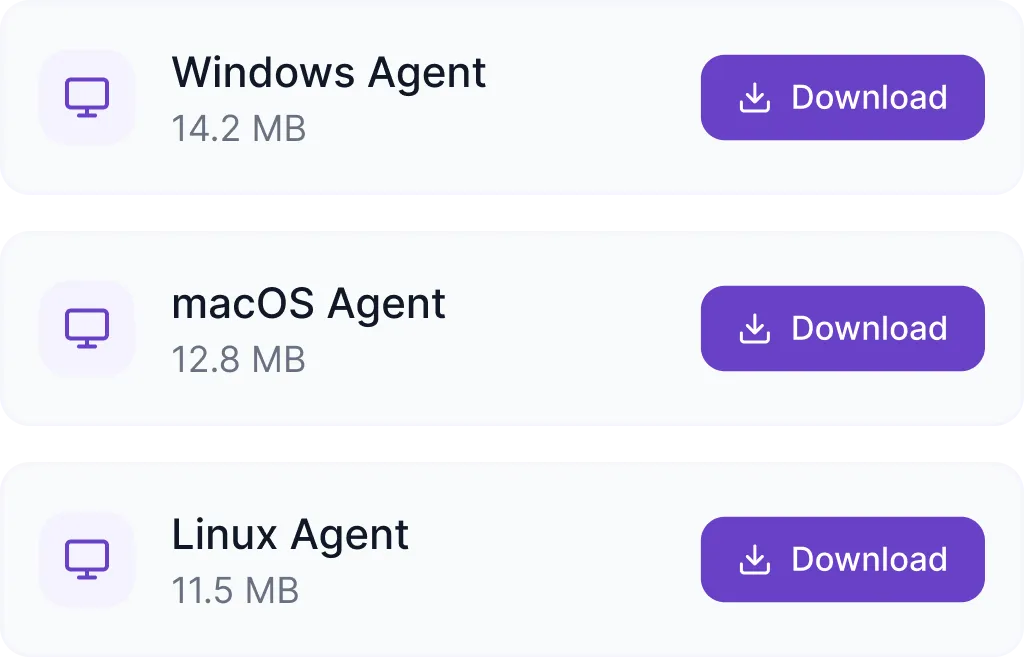 Download options for Windows Agent 14.2 MB, macOS Agent 12.8 MB, and Linux Agent 11.5 MB with purple download buttons.