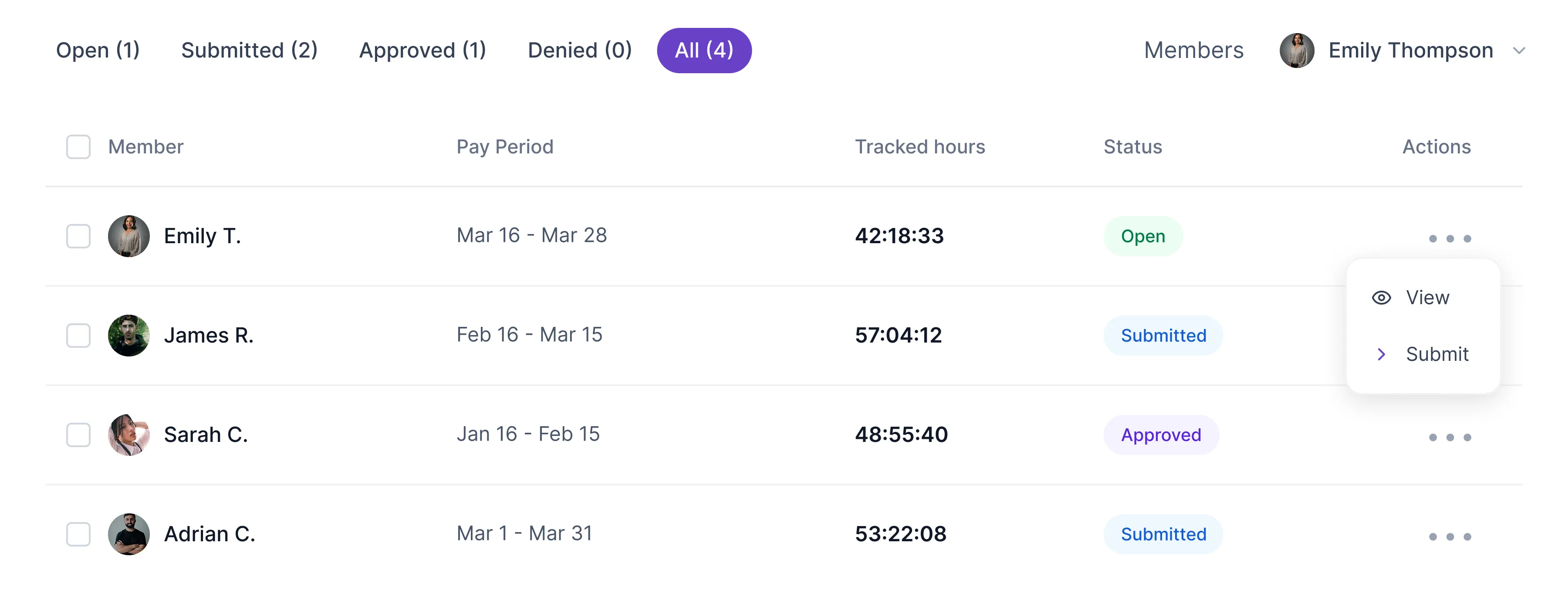 Dashboard showing member time tracking with columns for member name, pay period, tracked hours, status, and actions, highlighting Emily Thompson logged 42:18:33 hours with status Open.