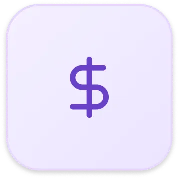Purple dollar sign symbol centered on a rounded square light purple background.