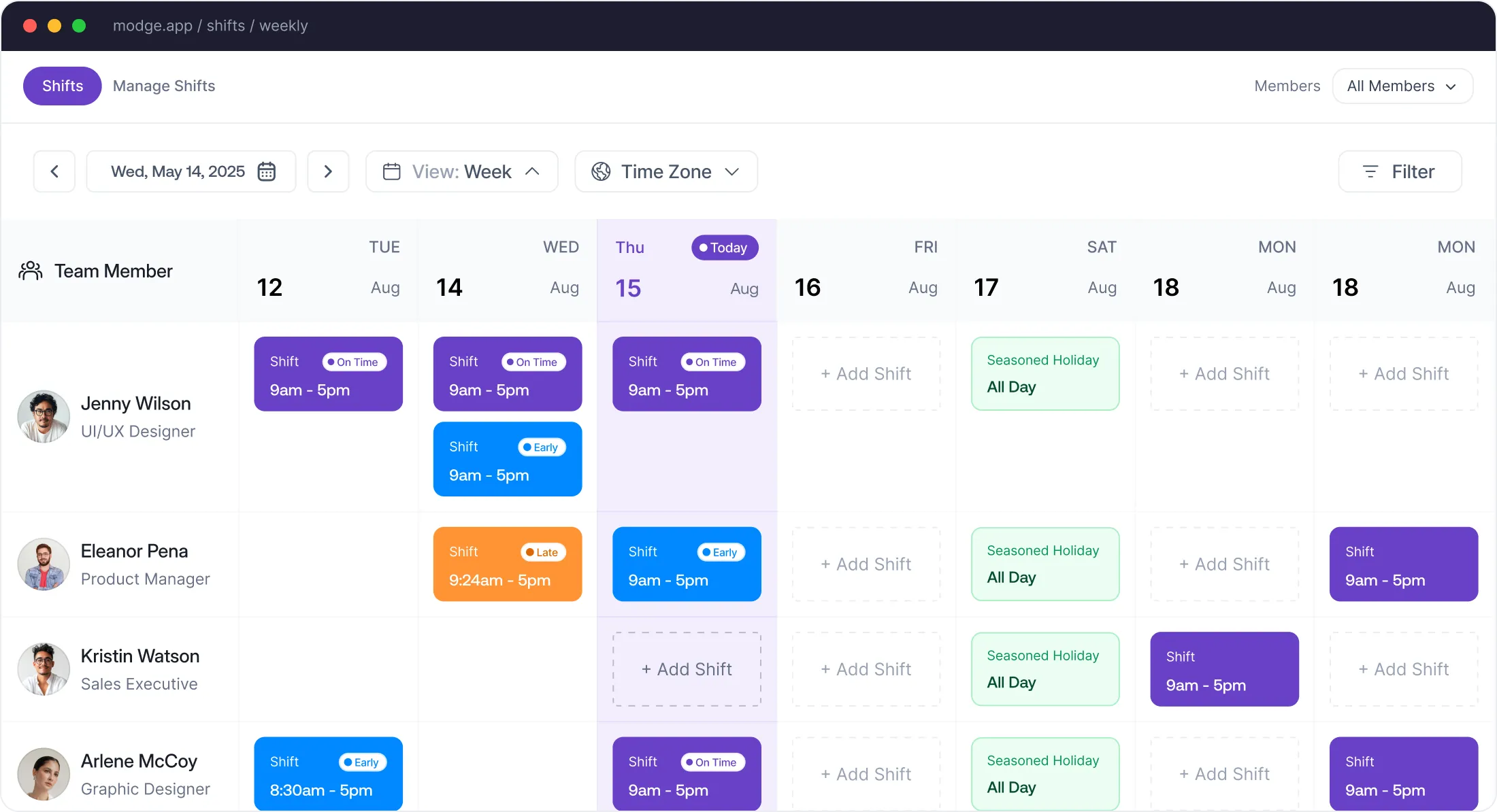 Weekly shift schedule for team members Jenny Wilson, Eleanor Pena, Kristin Watson, and Arlene McCoy showing shifts from 9am to 5pm across dates Aug 12-19, with some shifts marked On Time, Early, or Late, and seasoned holidays on Aug 17.