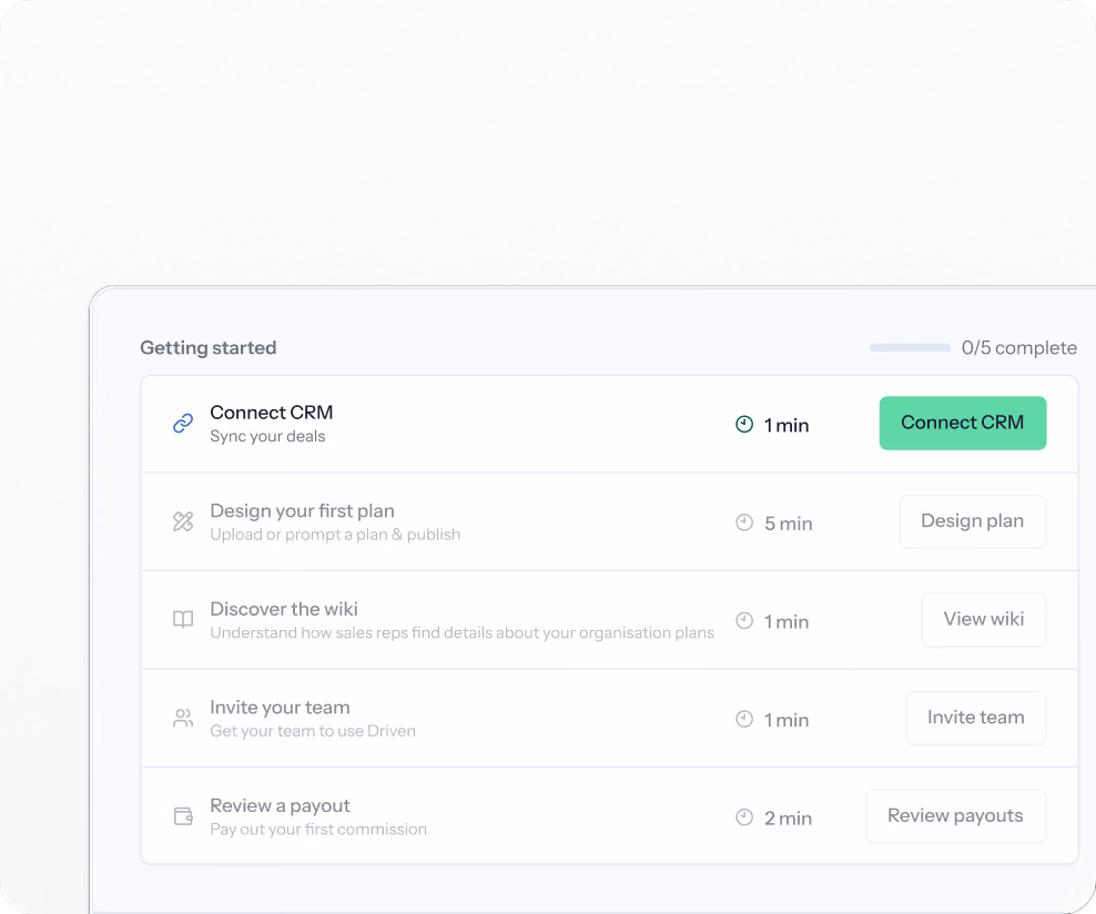 Driven onboarding checklist showing Connect CRM, design your first plan, discover the wiki, invite your team and review a payout