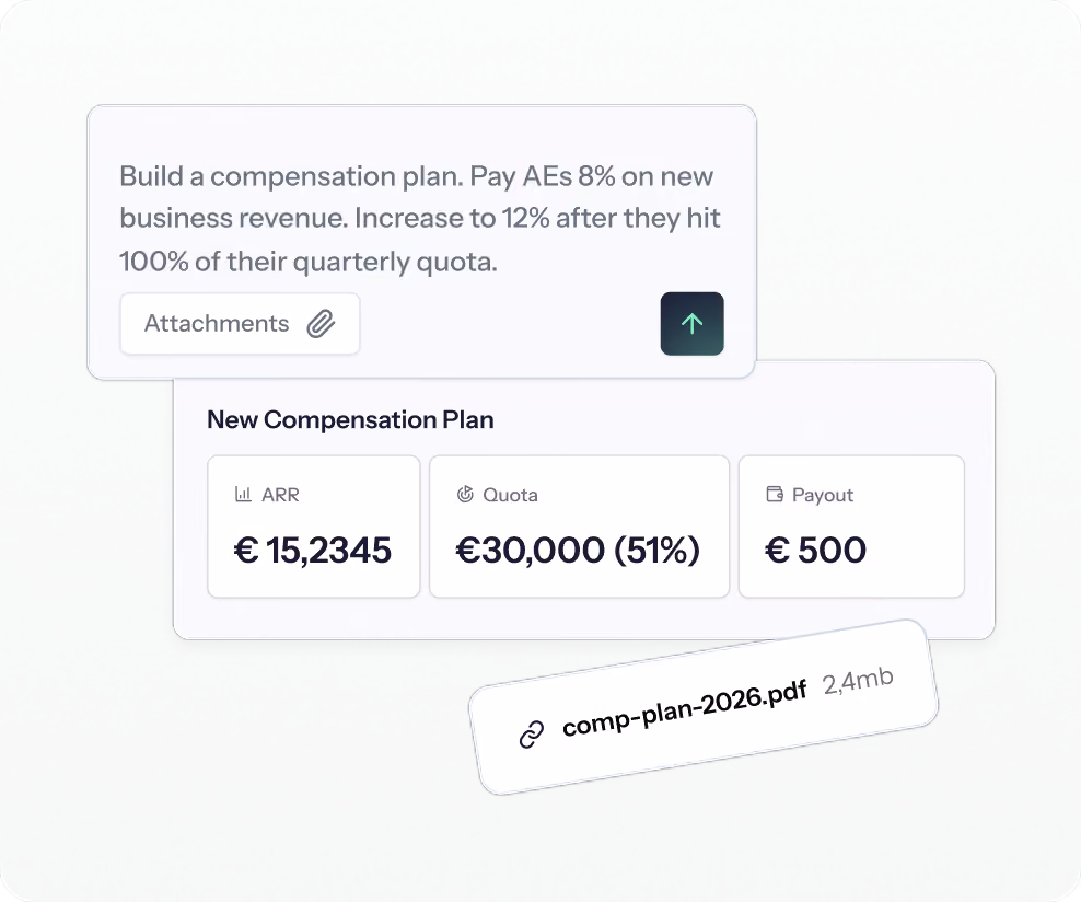 Driven plan builder turning a written compensation rule into ARR, quota and payout figures