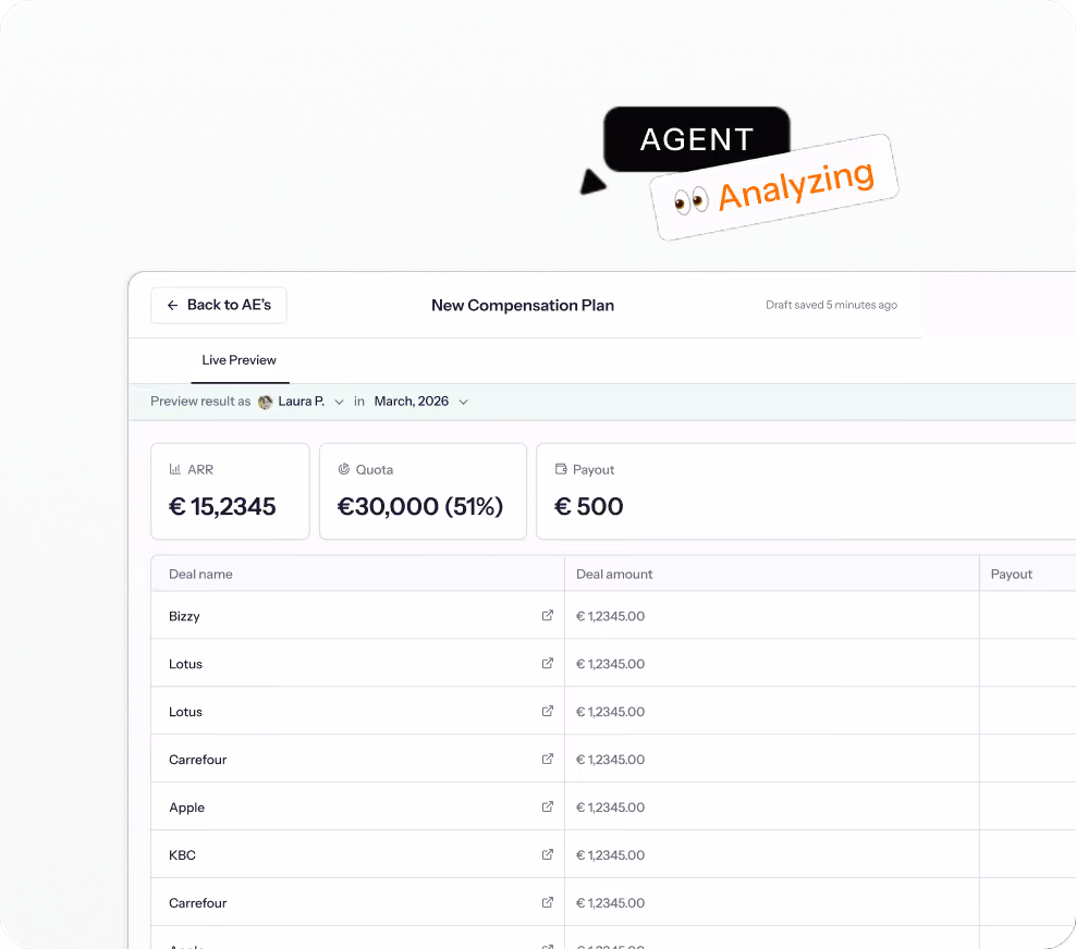 Driven live preview of a compensation plan with a per-deal payout table the agent is analysing