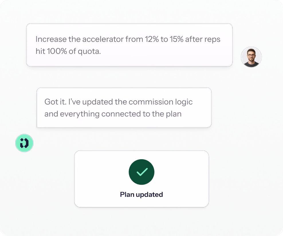 Driven chat updating the accelerator from twelve to fifteen percent and confirming the commission logic changed