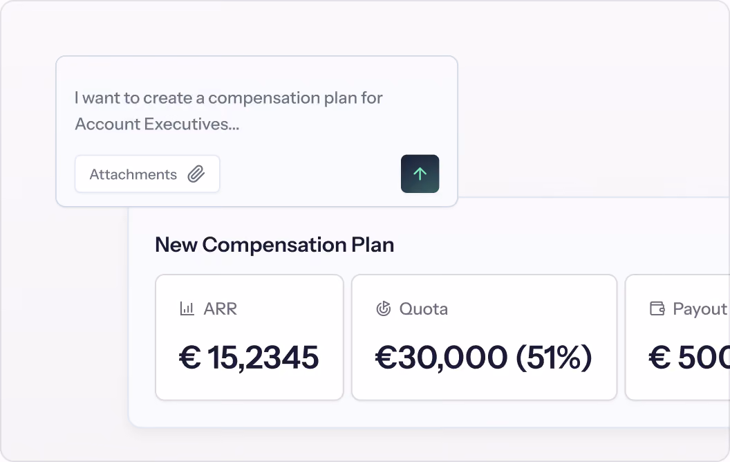 Driven plan builder: a compensation plan typed in plain language, with ARR, quota and payout calculated