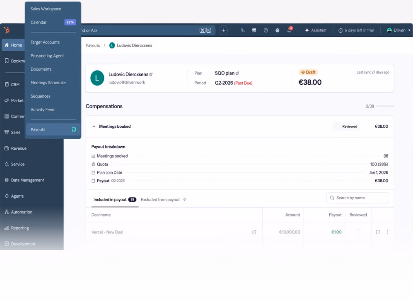 Driven payouts open inside HubSpot, showing a rep's payout breakdown and the deals included in it