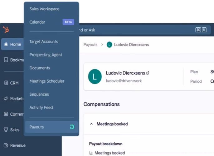 Driven payouts open inside HubSpot, showing a rep's payout breakdown and the deals included in it