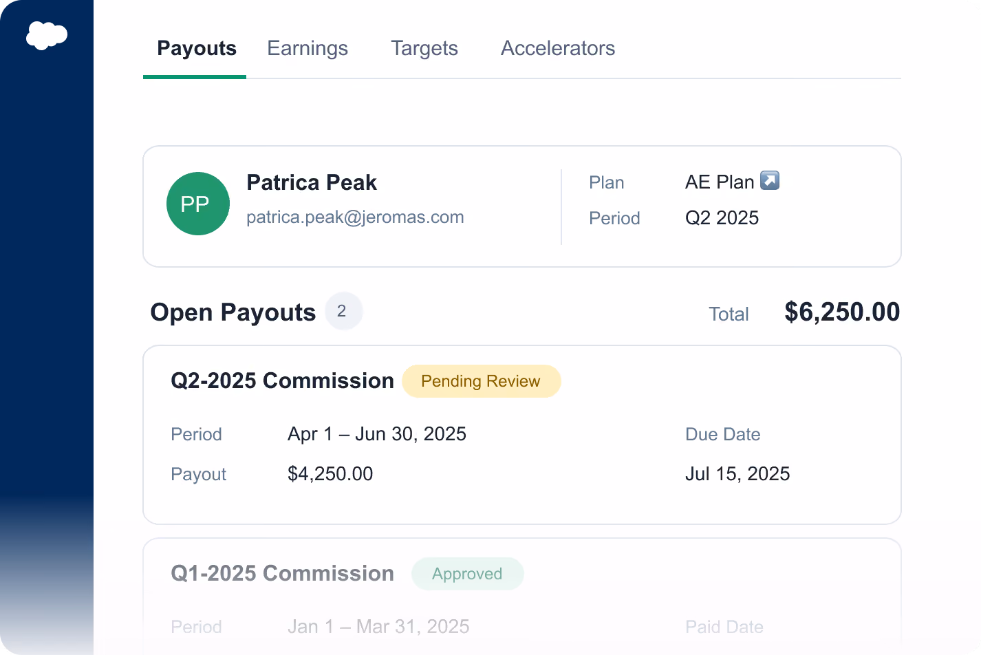Driven payouts open inside HubSpot, showing a rep's payout breakdown and the deals included in it