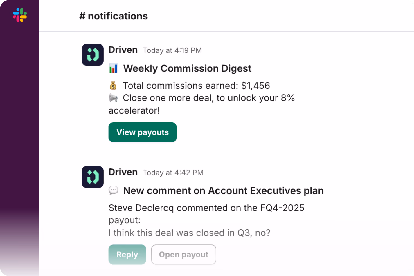 Driven payouts open inside HubSpot, showing a rep's payout breakdown and the deals included in it