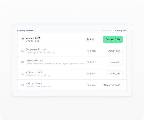 Driven onboarding checklist showing Connect CRM, design your first plan, discover the wiki, invite your team and review a payout