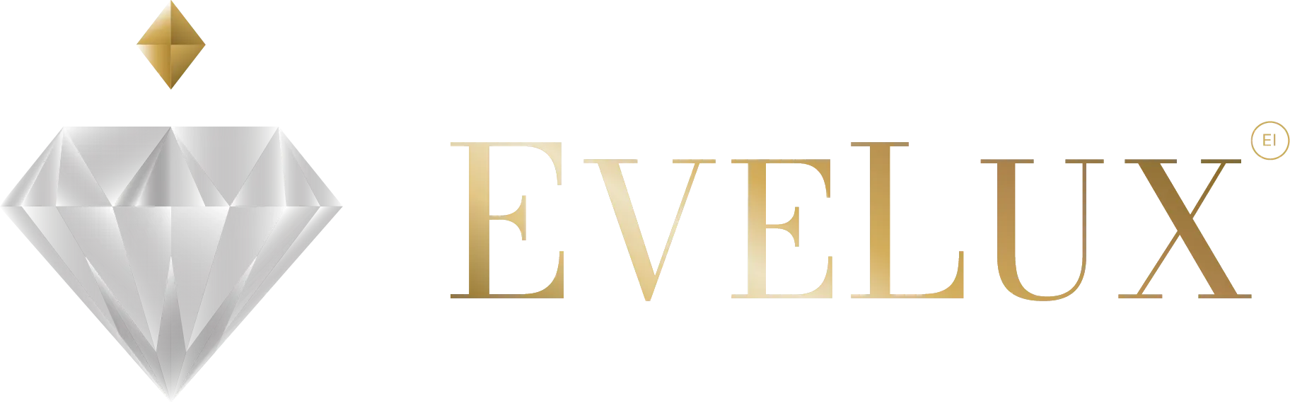 Goldfarbener Schriftzug EVELUX neben einem silbernen, facettierten Diamanten mit einer goldenen Raute darüber.