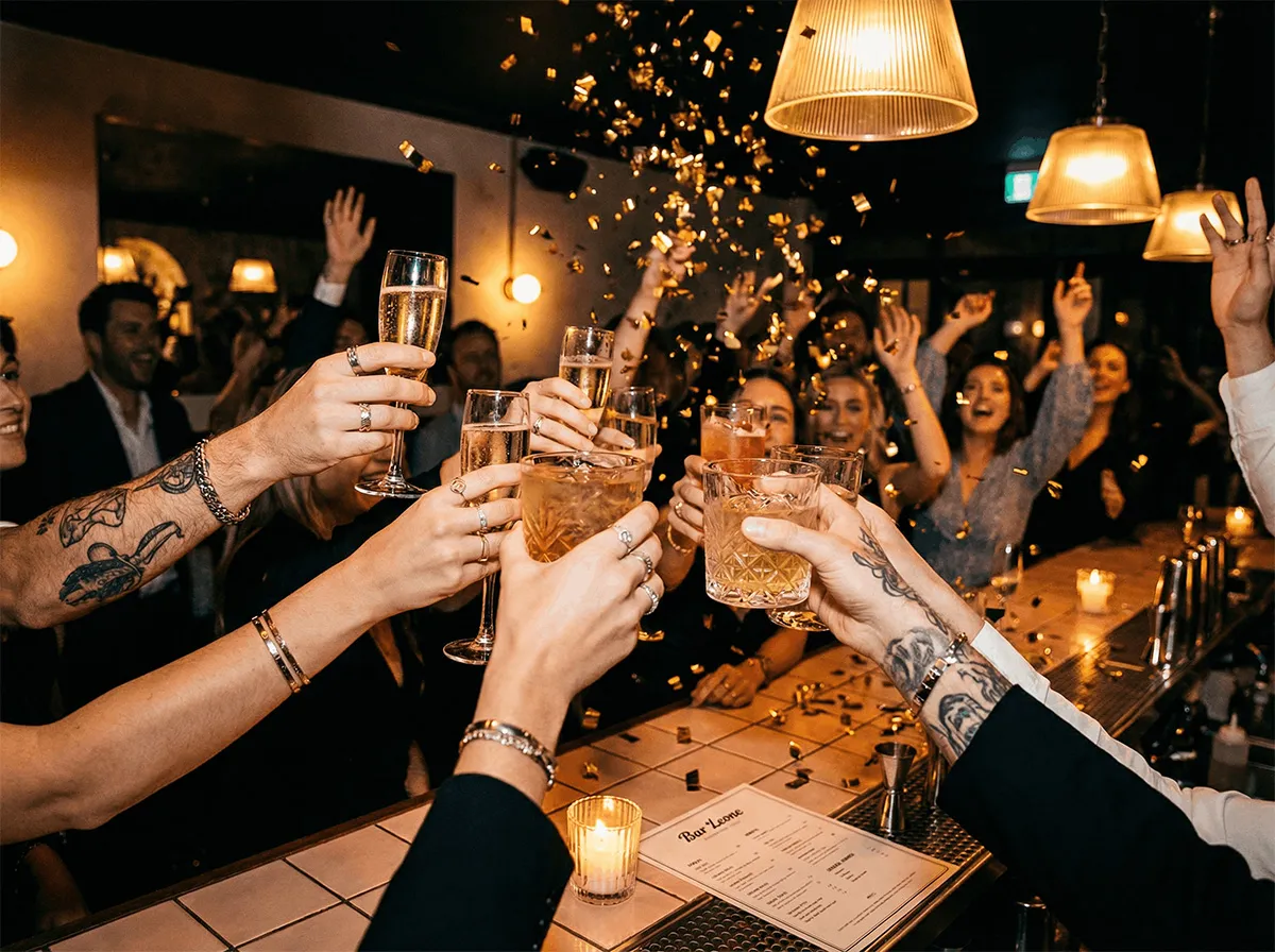 Menschen stoßen mit Getränken in einer Bar an und feiern unter fallenden goldenen Konfettis.