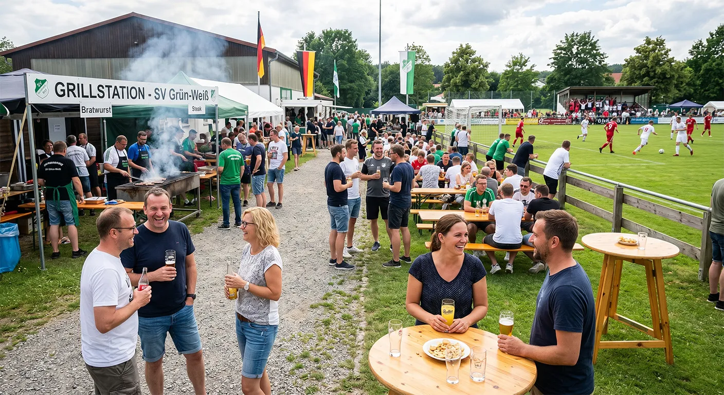 Menschen unterhalten sich bei einem Vereinsfest mit Grillstation und einem Fußballspiel im Hintergrund.