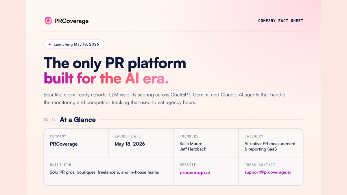 PRCoverage.AI One-Page Company Sheet Preview