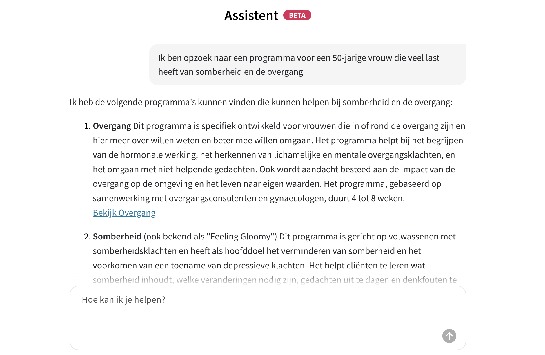 Therapieland-omgeving met de Programma Assistent die op basis van een hulpvraag passende programma's voorstelt