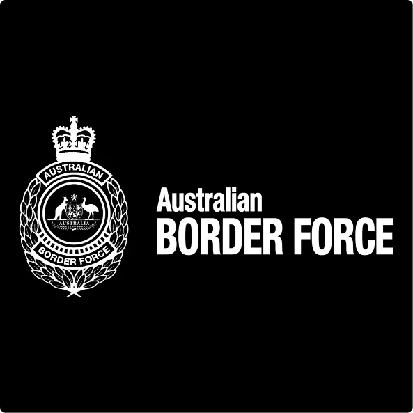 Australian Border Force emblem with crown, kangaroo, and emu, accompanied by text reading Australian Border Force on black background.