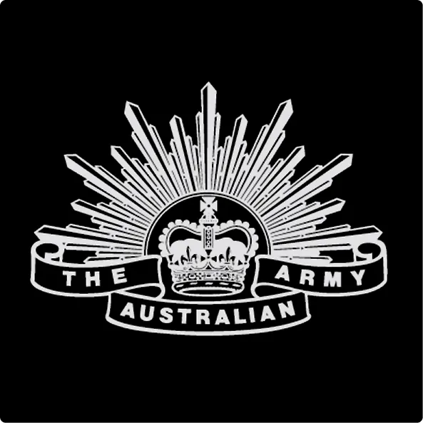 The Australian Army emblem featuring a crown with radiating rays and a banner reading 'The Australian Army'.