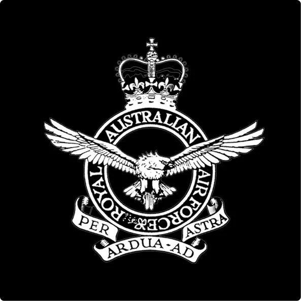 Emblem of the Royal Australian Air Force with a flying eagle, crown above, and motto 'Per Ardua Ad Astra'.
