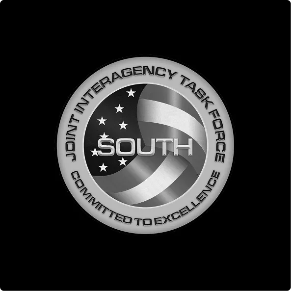 Emblem of the Joint Interagency Task Force South with American flag elements and the text 'Committed to Excellence.'