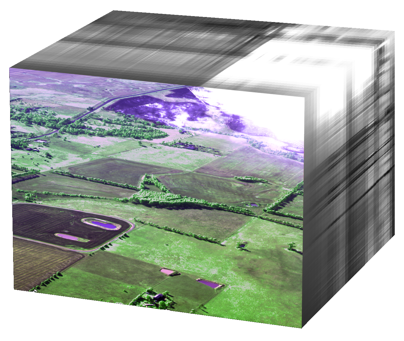 3D cube with an aerial view of farmland tinted red on one visible side.