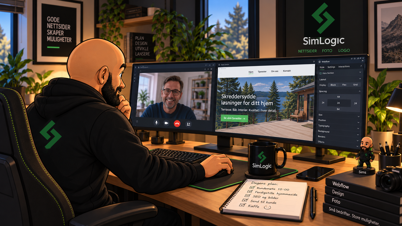 Sims på hjemmekontoret i videosamtale med en kunde, med nettsidearbeid på skjermene.