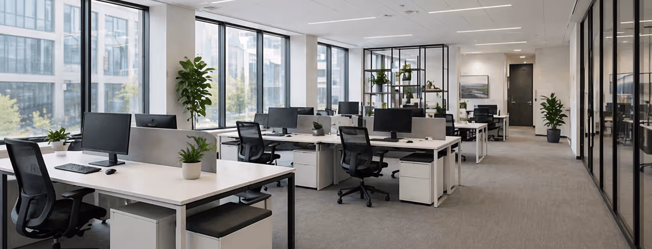 Modern office workspace with multiple desks, black chairs, computers, and large windows letting in natural light.