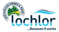 Australian Owned & Made logo above Lochlor brand logo with slogan Because it works.