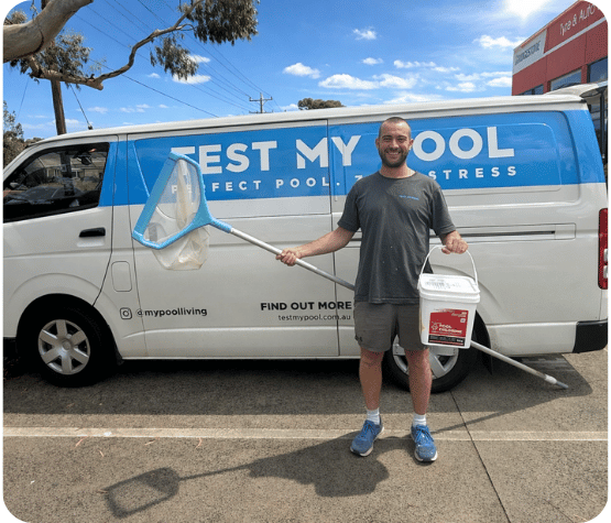 Man holding a pool skimmer and a bucket stands in front of a van labeled Test My Pool.