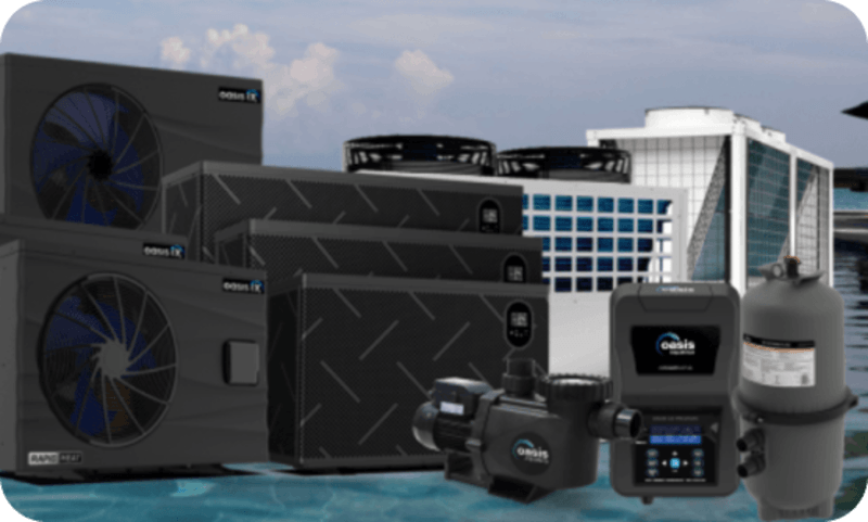 Various black and gray Oasis branded pool equipment including pumps, heaters, and control units on a pool background.