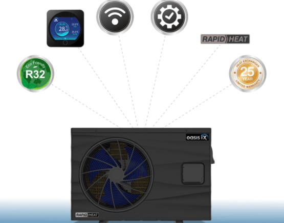 Black Oasis iX heat pump with icons showing Wi-Fi, easy control, eco-friendly R32, rapid heat, and 25-year warranty.