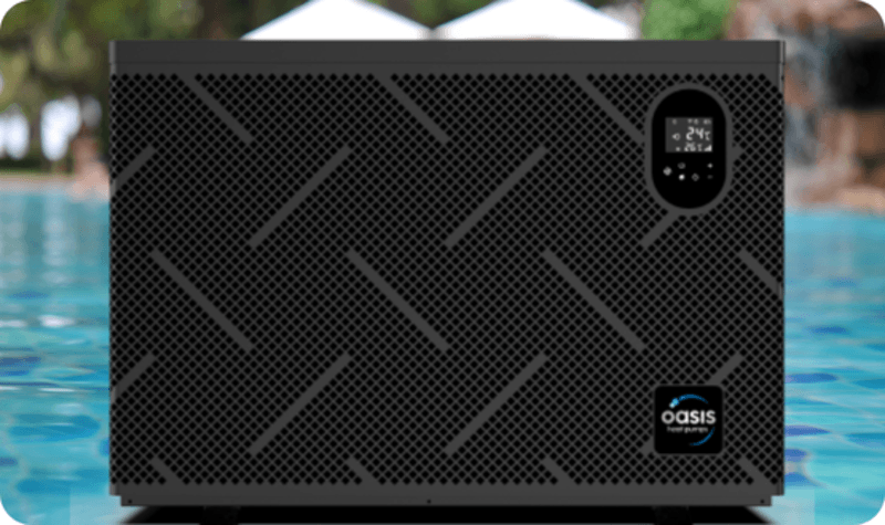 Black Oasis heat pump unit with digital display, placed near an outdoor blue pool.