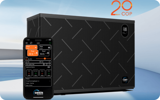 Black Oasis Aquatics device with app interface showing pool and spa stats and control options.