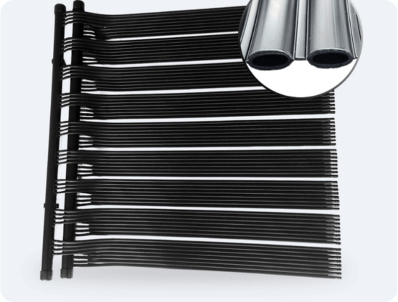 Black solar vacuum tubes with a close-up inset showing the hollow, double-glass ends of the tubes.