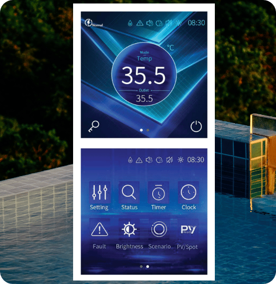 Digital control panel displaying temperature 35.5°C and menu icons for settings, timer, clock, brightness, and more.