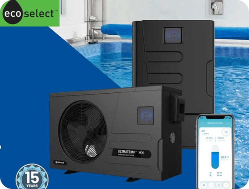 Eco Select logo with UltrATemp HXI heat pump units and smartphone app by a pool.