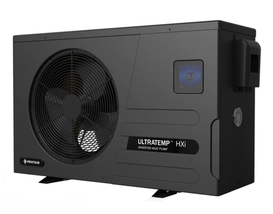 Black Pentair Ultratemp HXi inverter heat pump unit with visible fan and digital display.
