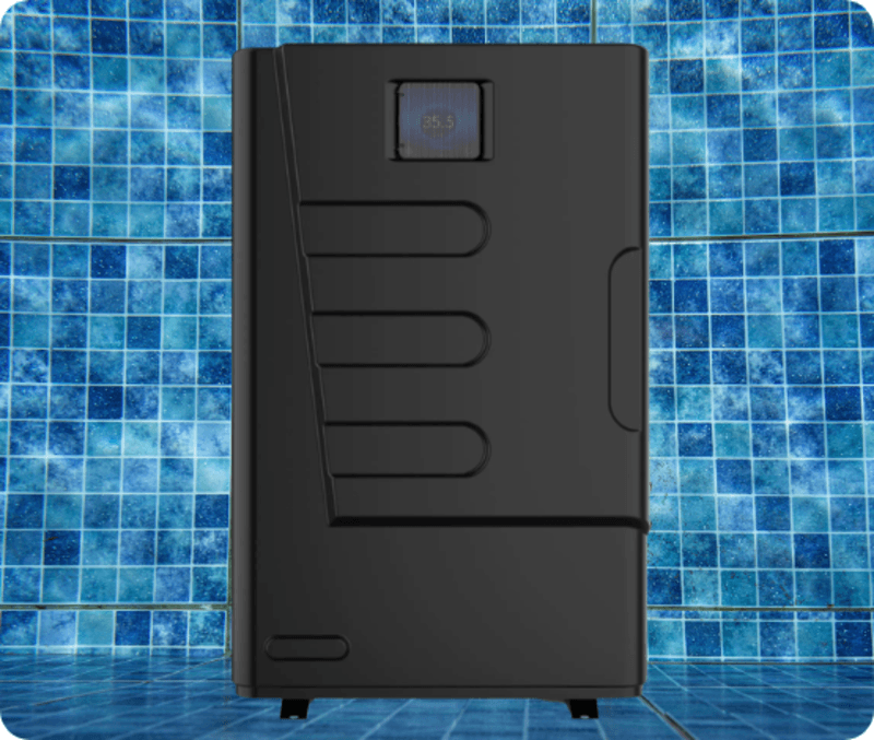 Black device with a small screen displaying numbers, set against a blue tiled background.