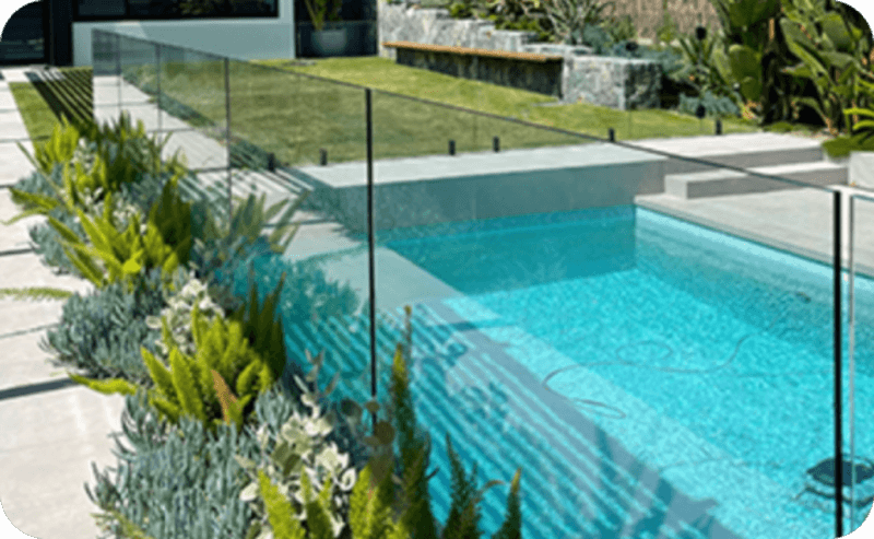 Modern backyard pool enclosed by a transparent glass fence with plants along the edge.