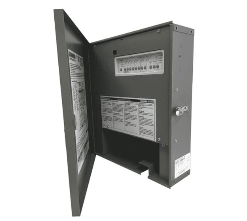 Open metal electrical control panel box with circuit breakers and labels inside.