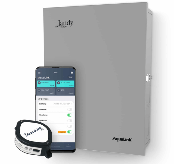 Jandy Aqualink pool control system with a control box, small device, and smartphone app interface.