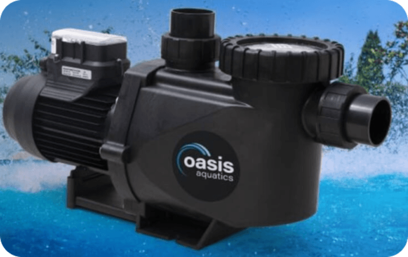 Black Oasis Aquatics water pump with motor and inlet/outlet connections on a blue water splash background.